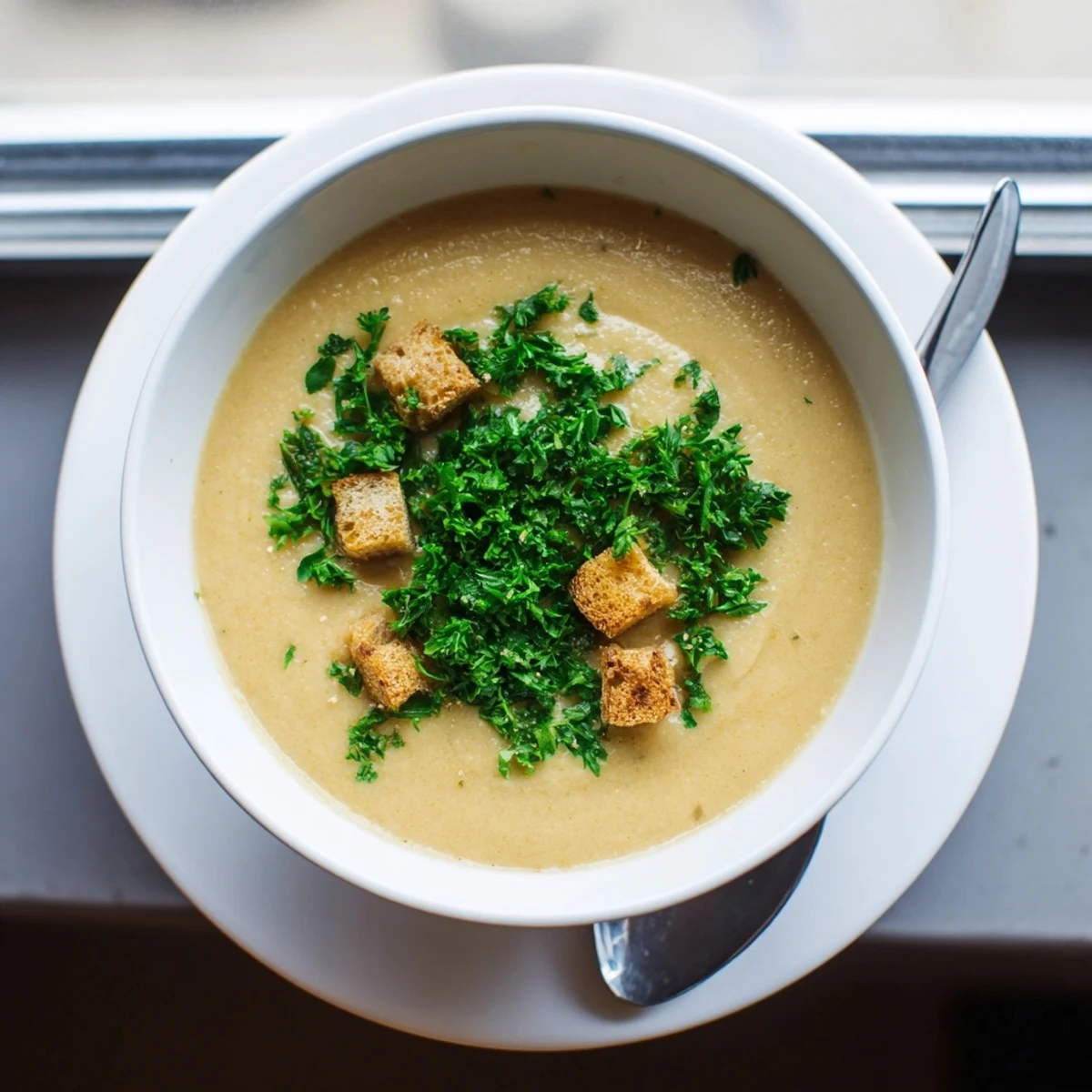 Hearty roasted garlic soup served in a white ceramic bowl, with a side of crusty bread for dipping.