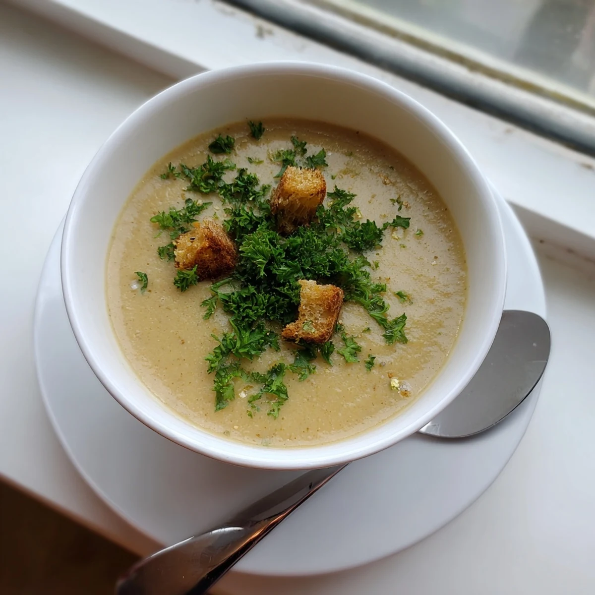 Steaming bowl of roasted garlic soup with a velvety texture and golden hue, perfect for a cozy dinner.
