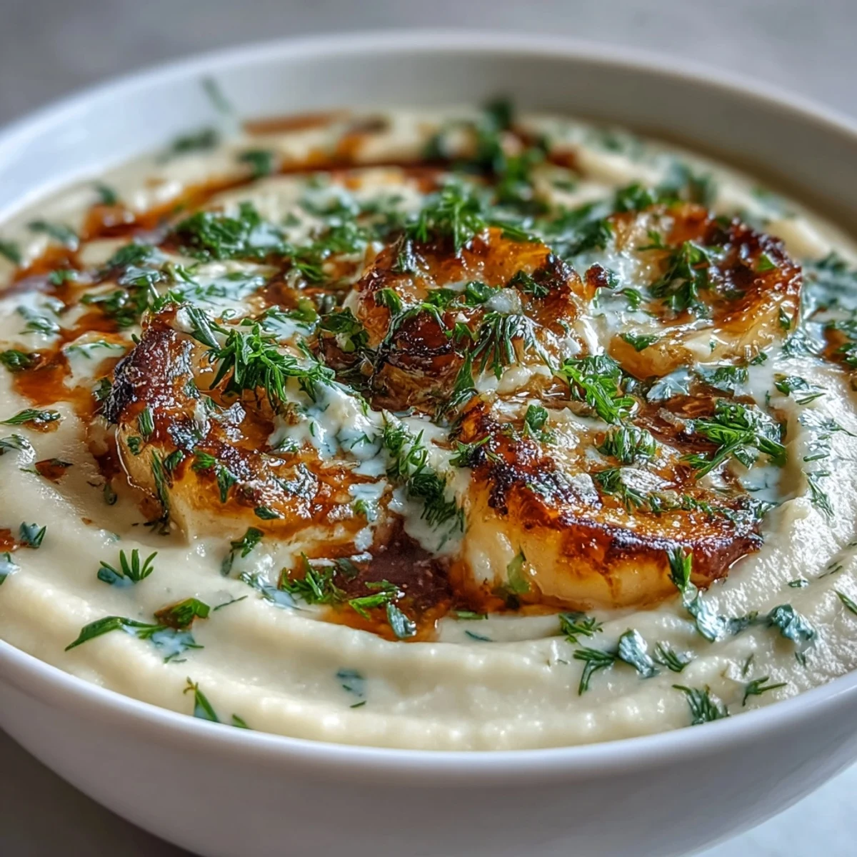 Velvety parsnip and herb soup steaming in a ceramic bowl, topped with a swirl of crème fraîche and dill.  