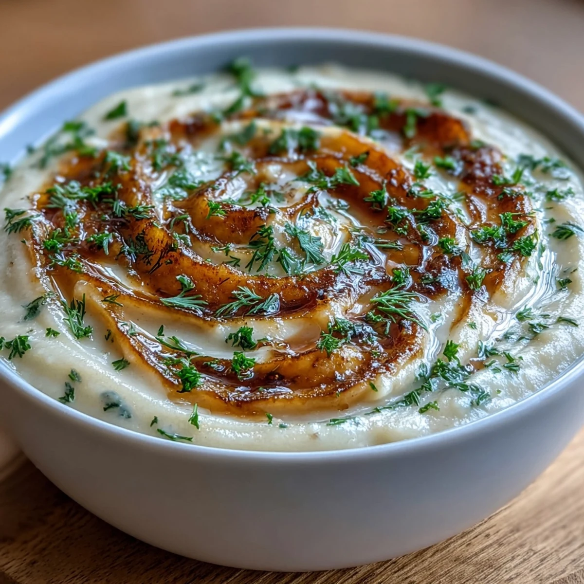 Creamy parsnip and herb soup served in a deep soup plate, alongside a slice of crusty artisan bread.