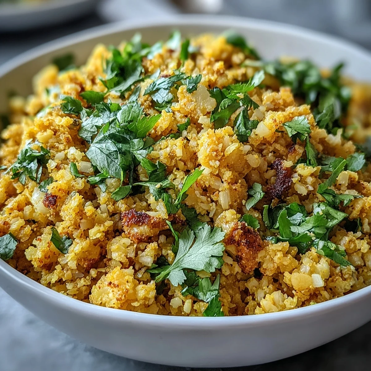 A vibrant bowl of Turmeric Cauliflower Rice, golden from turmeric and flecked with fresh cilantro, served warm as a healthy side.