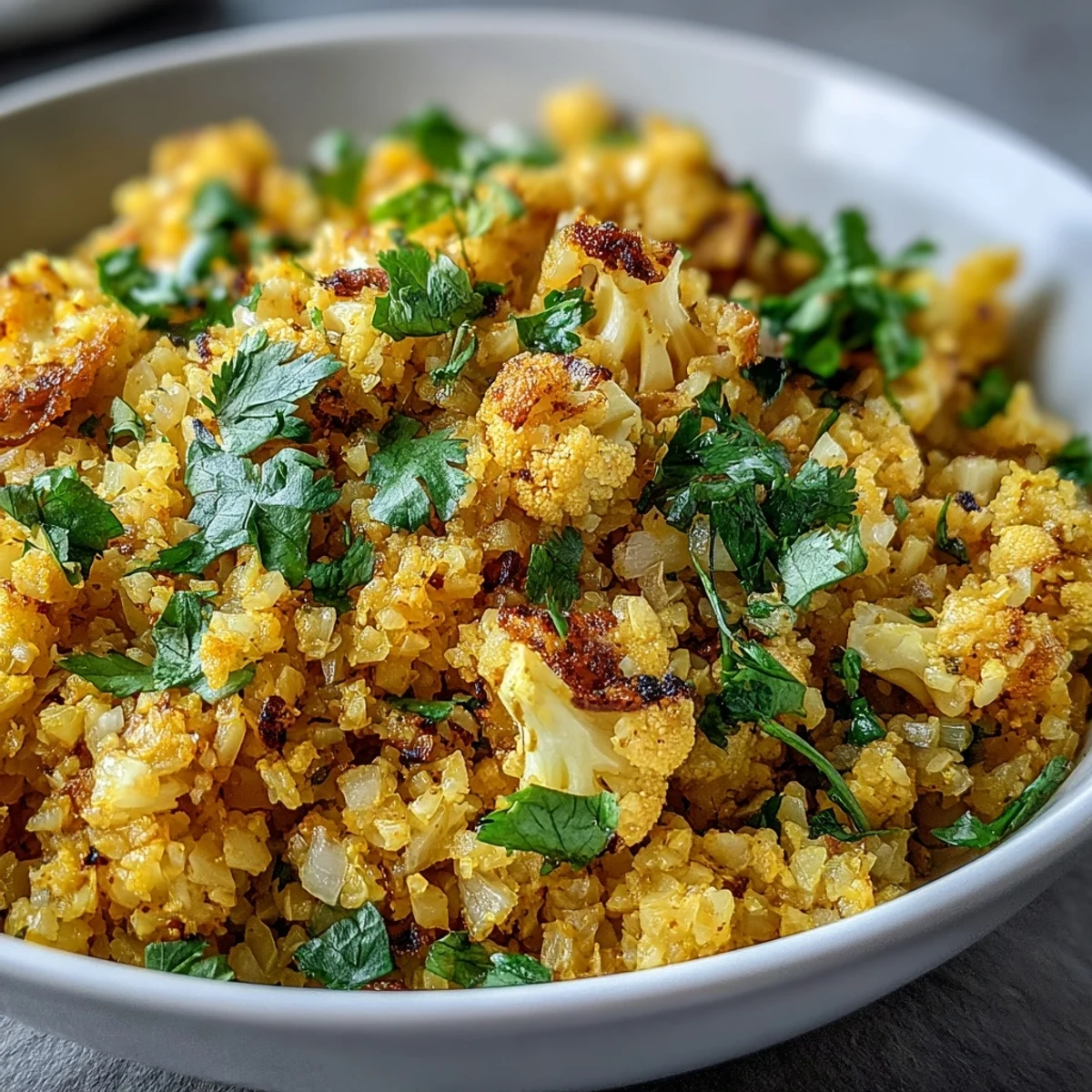Golden Turmeric Cauliflower Rice sizzling in a skillet with onions, garlic, and cumin, ready to be scooped onto a plate.