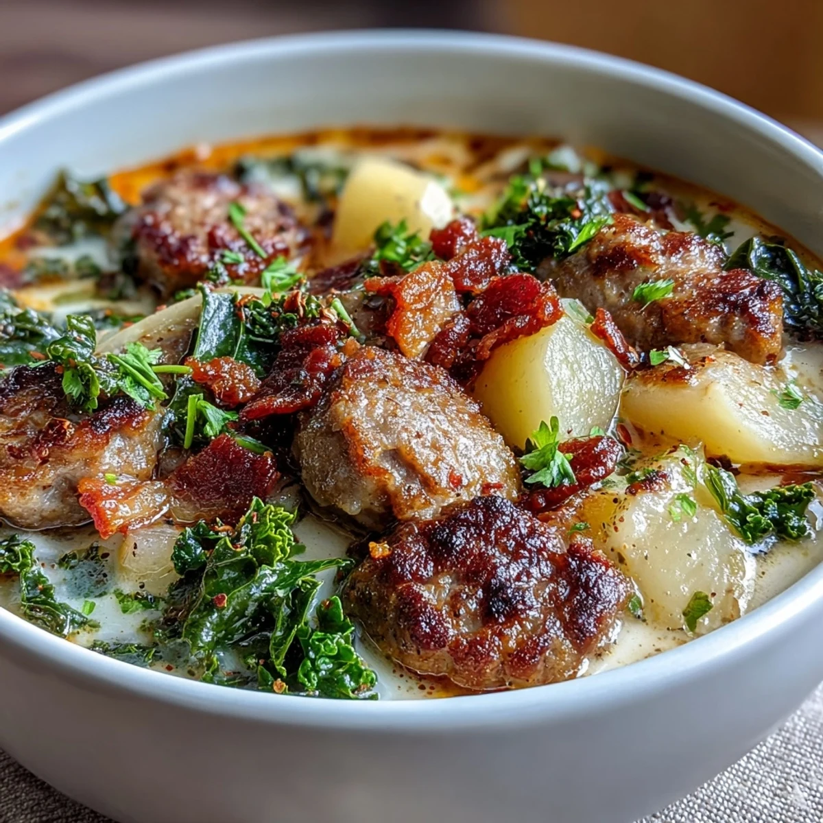 Steaming Italian Sausage Soup with sliced potatoes and chopped kale in a rustic bowl, topped with crispy bacon bits.