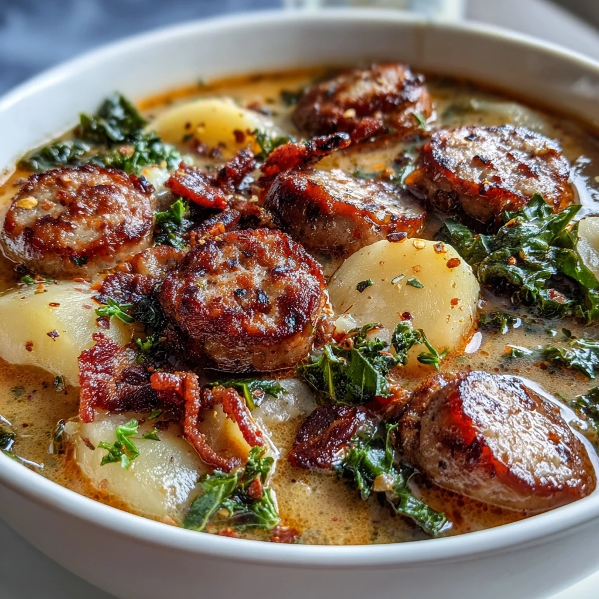 Creamy Italian Sausage Soup ladled from a Dutch oven, featuring tender sausage crumbles, kale, and golden potato slices.