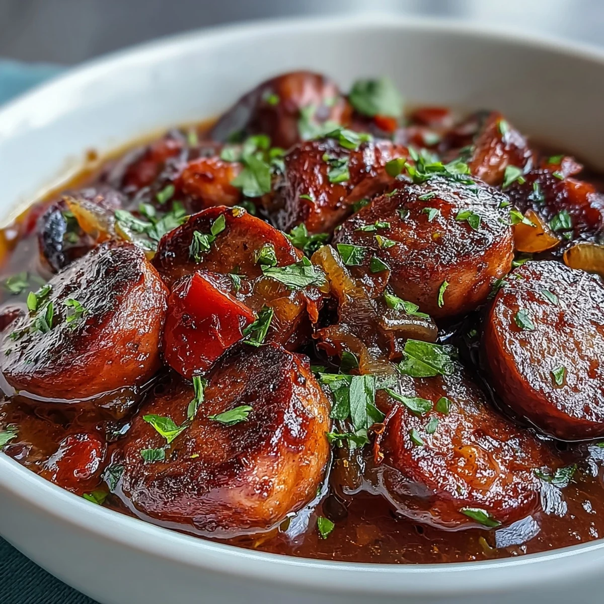 Savory Crock Pot BBQ Cocktail Sausage Soup simmering in a slow cooker, blending sweet apricot jam and tangy BBQ sauce.