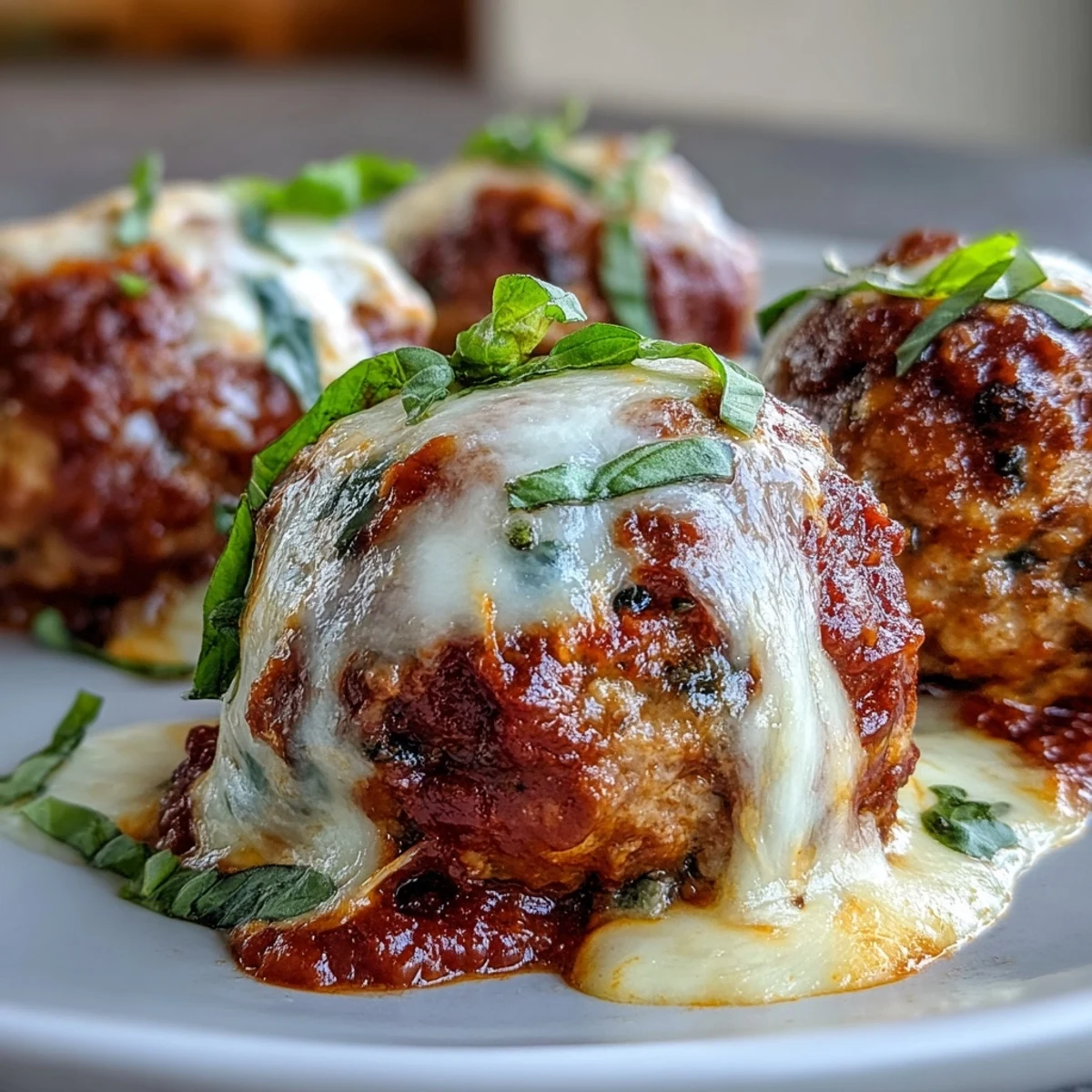 Tender beef and pork meatballs with melted mozzarella in a bright tomato sauce, ready to serve.