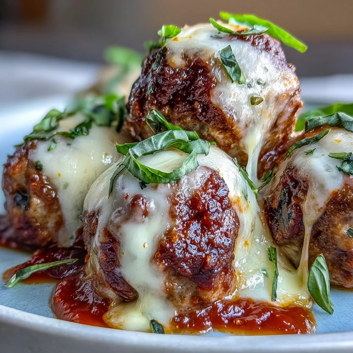Close-up of golden-brown Cheesy, Garlicky Meatballs With Marinara bubbling in a skillet, garnished with parsley.