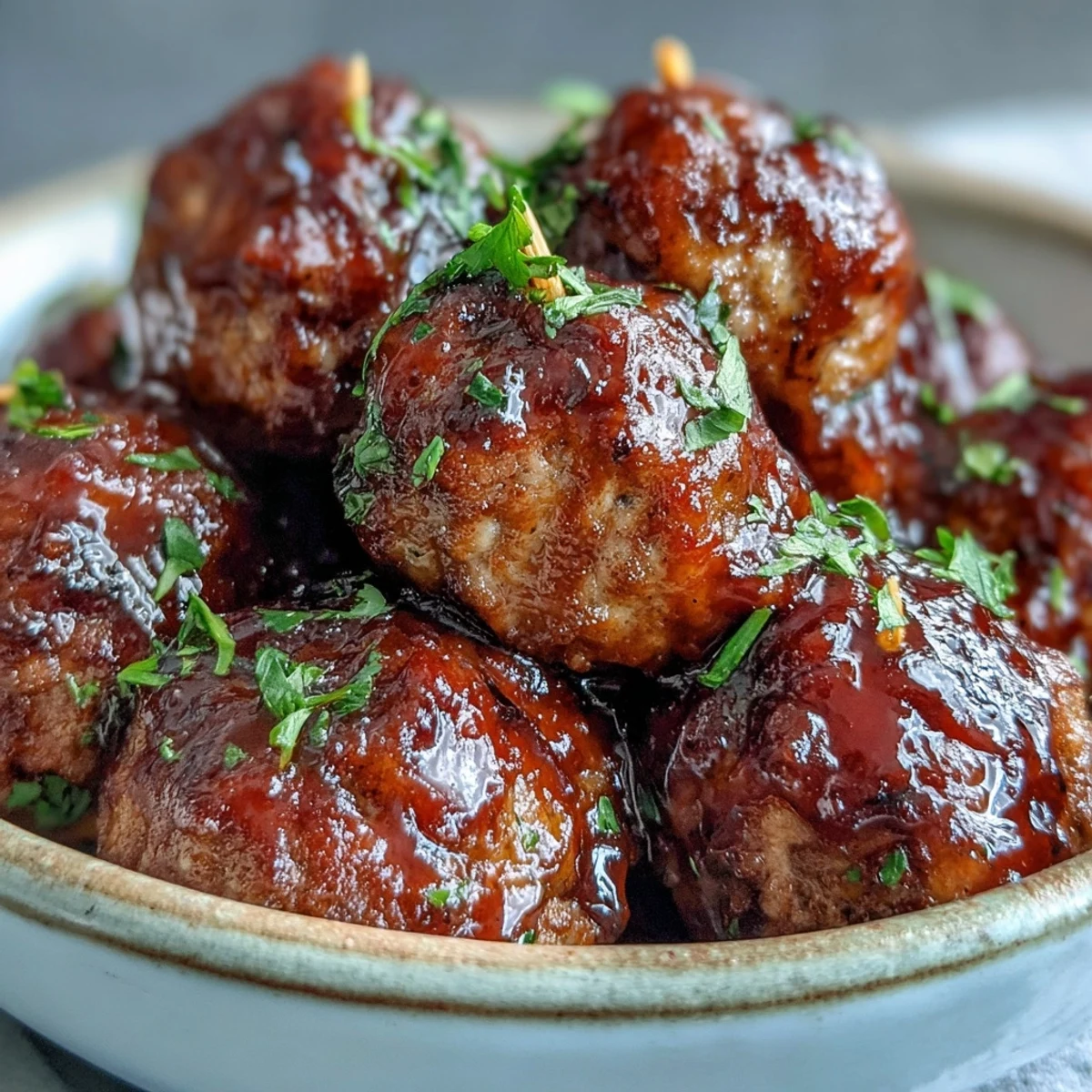 Savory Peach Glazed Meatballs topped with fresh parsley are served over steamed white rice for a delicious, comforting main dish.
