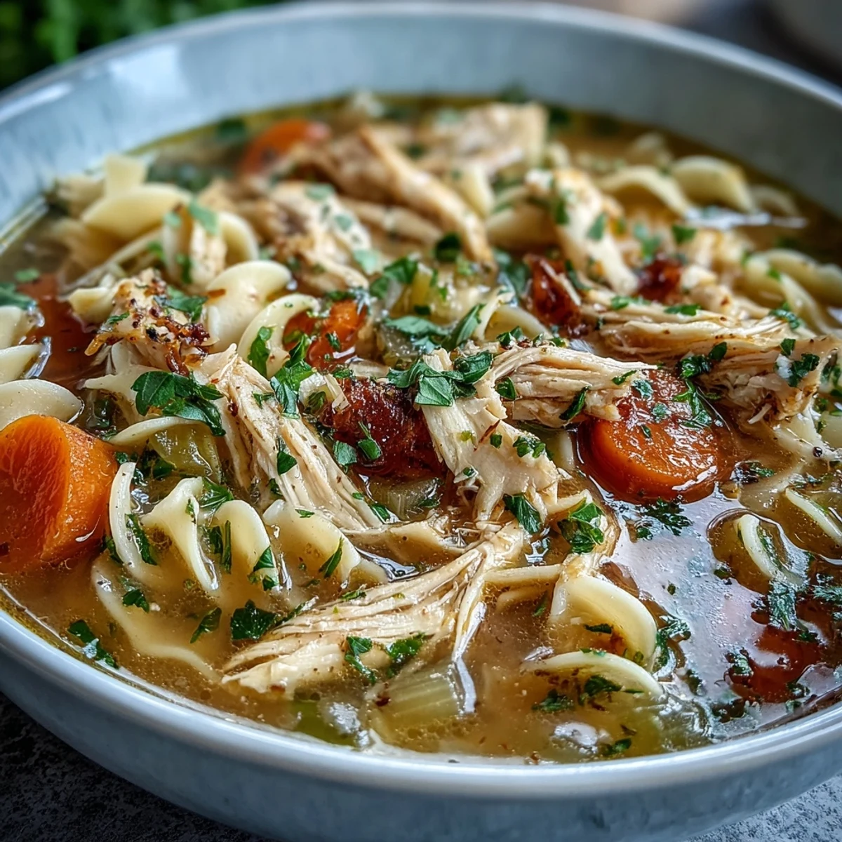 Instant Pot Chicken Noodle Soup steams in a rustic bowl, featuring tender shredded chicken, carrots, celery, and wide egg noodles in a clear golden broth.