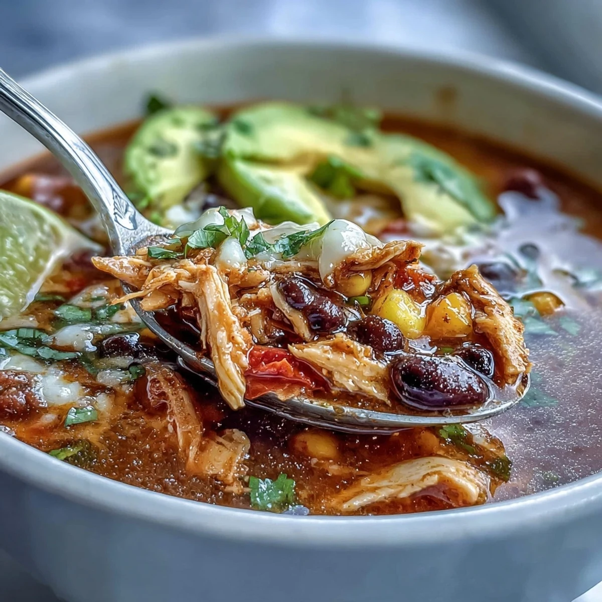 A steaming bowl of Instant Pot Chicken Tortilla Soup topped with avocado, cheese, and crispy tortilla strips.
