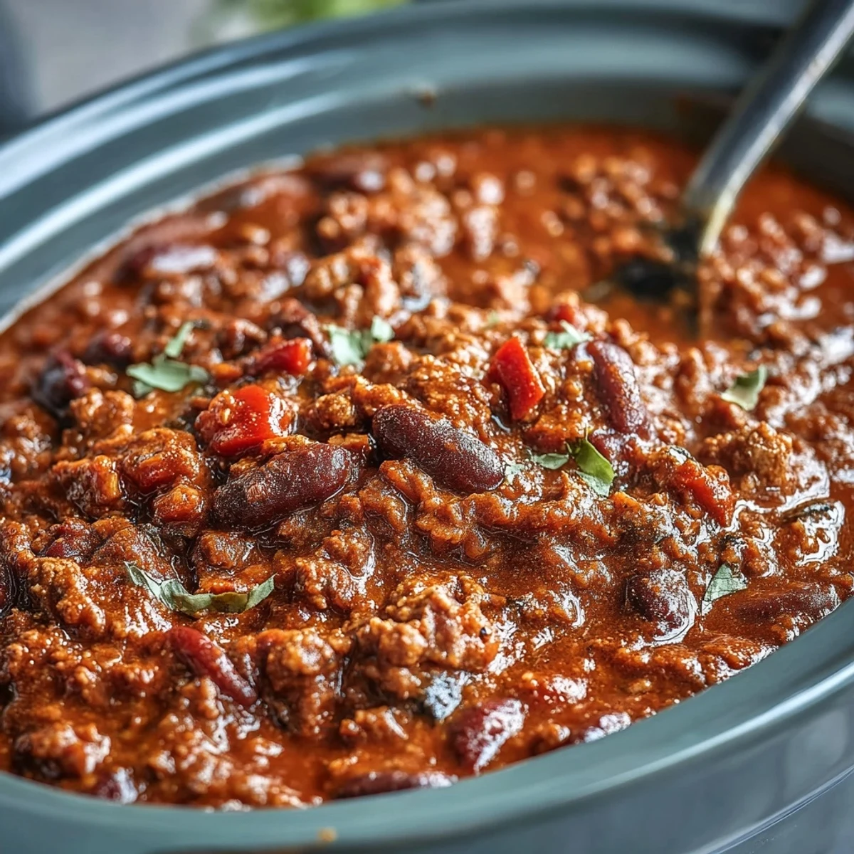 Freshly ladled Slow Cooker Chili shows tender ground beef, kidney beans, and diced tomatoes in a rich, thick tomato sauce.