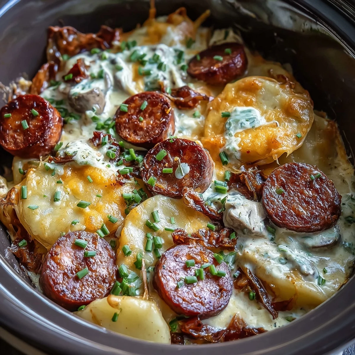 Golden, bubbly cheddar cheese tops layers of tender pierogi and smoky kielbasa in a slow cooker.