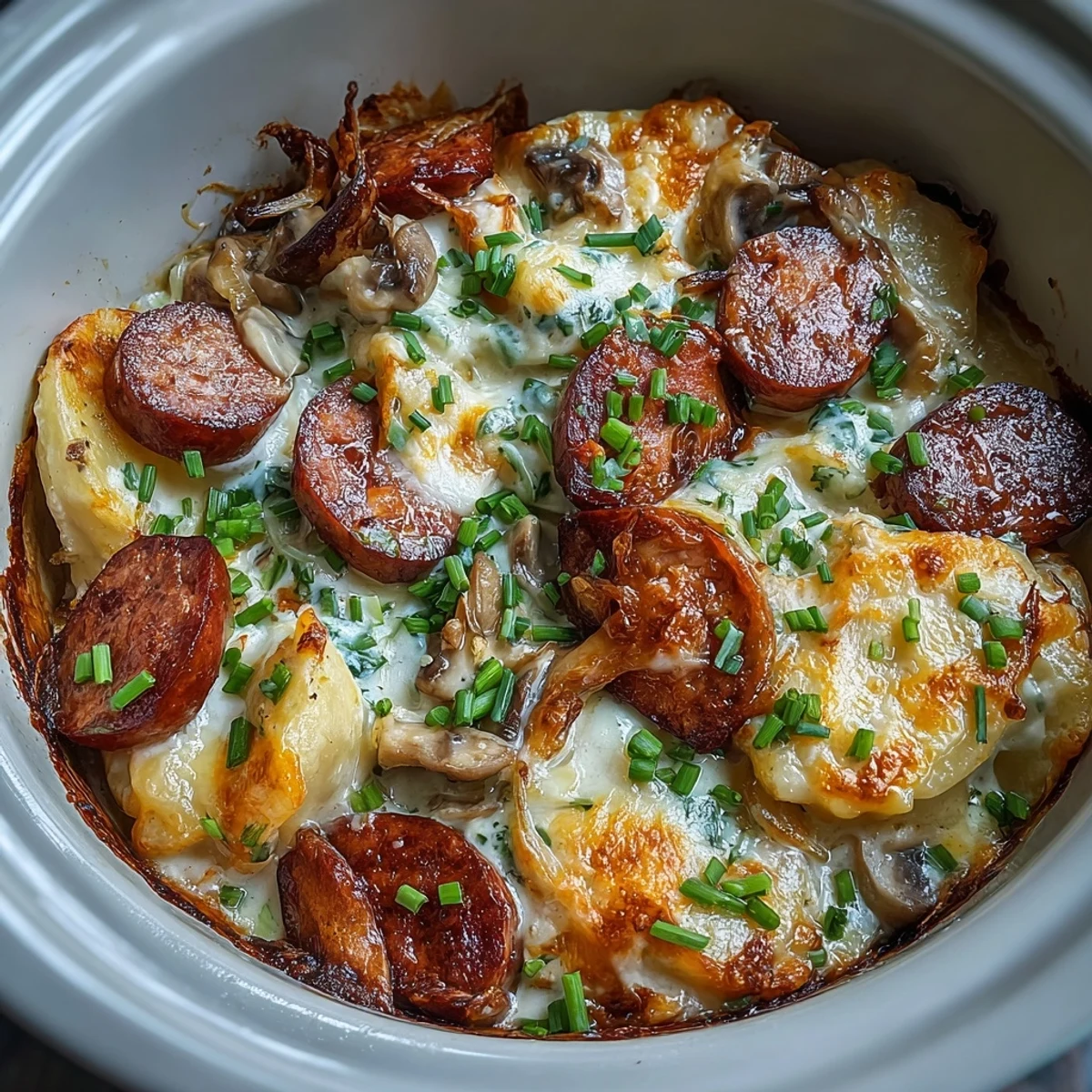 Creamy sauce coats every bite of this hearty Crockpot Pierogi Casserole With Kielbasa.