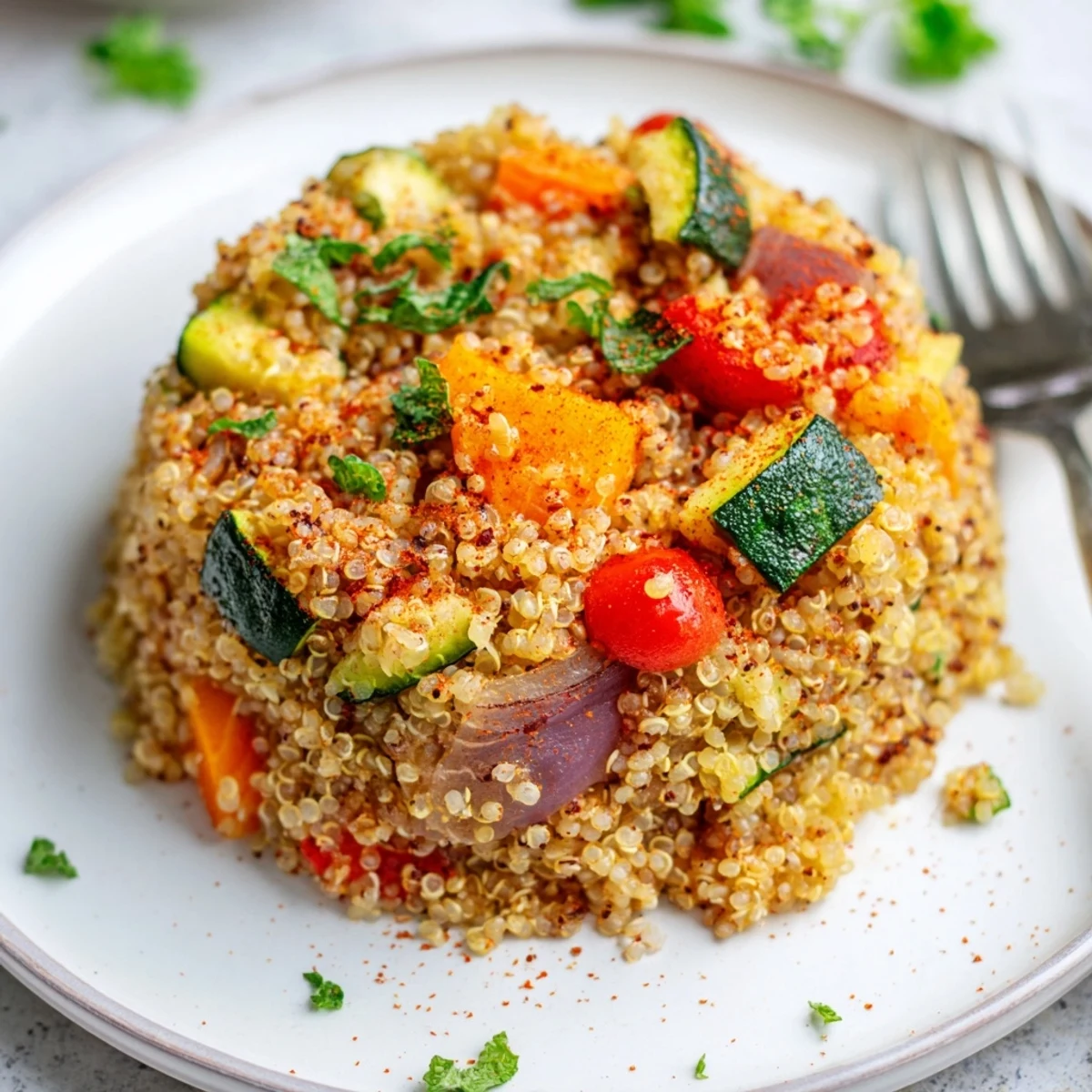 A close-up of fluffy quinoa vegetable pilaf, featuring colorful roasted bell peppers, zucchini, and carrots on a white plate.