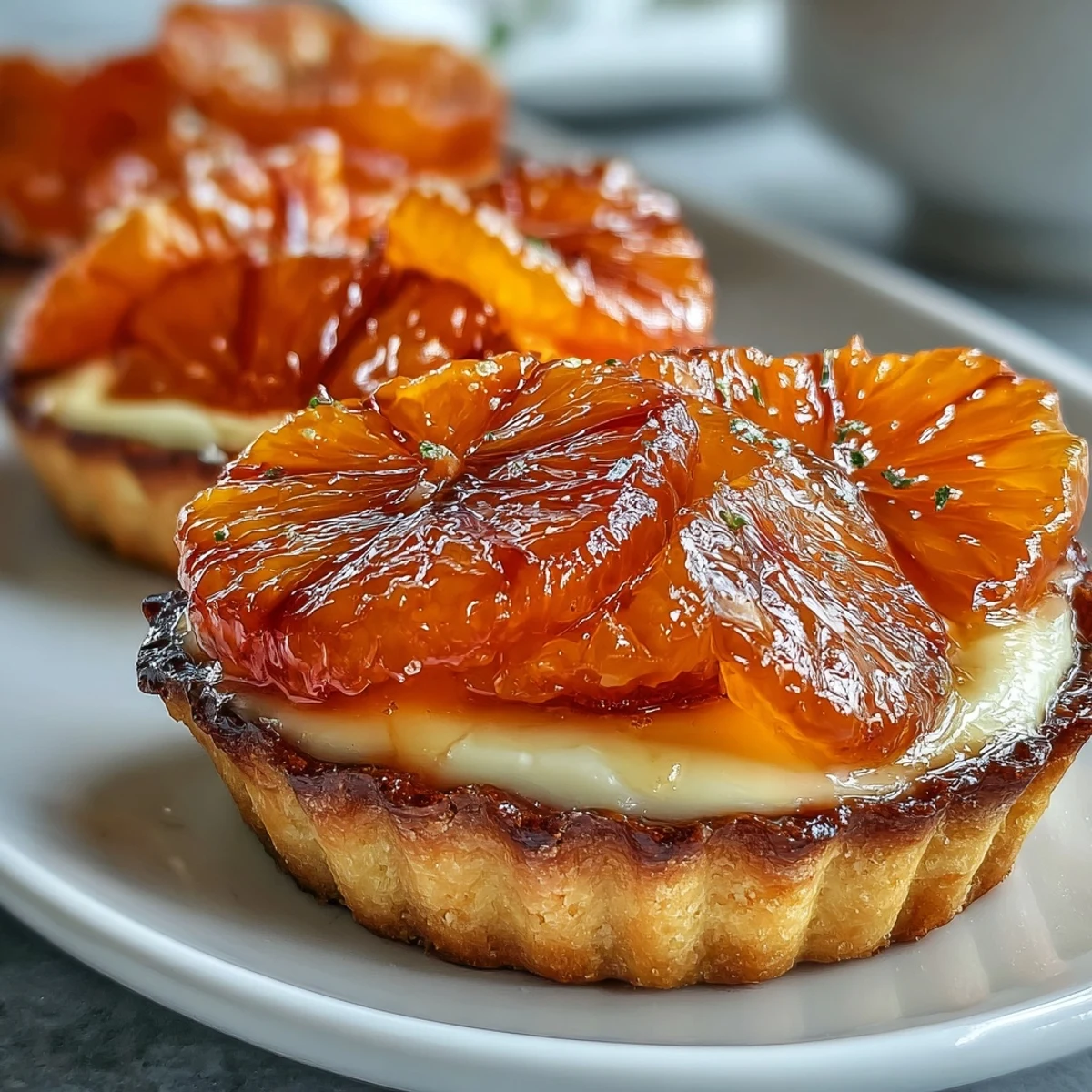 Freshly baked Blood Orange Tarts display rosy orange segments on a bed of rich, creamy vanilla filling.