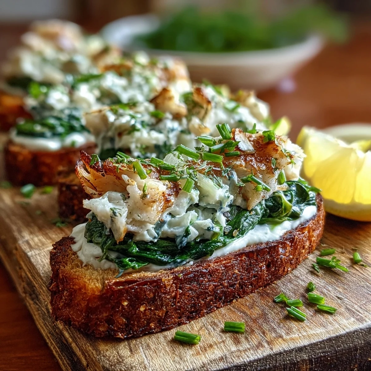 Golden rye toasts topped with flaked smoked haddock, creamy spinach, and fresh chives for a savory breakfast.