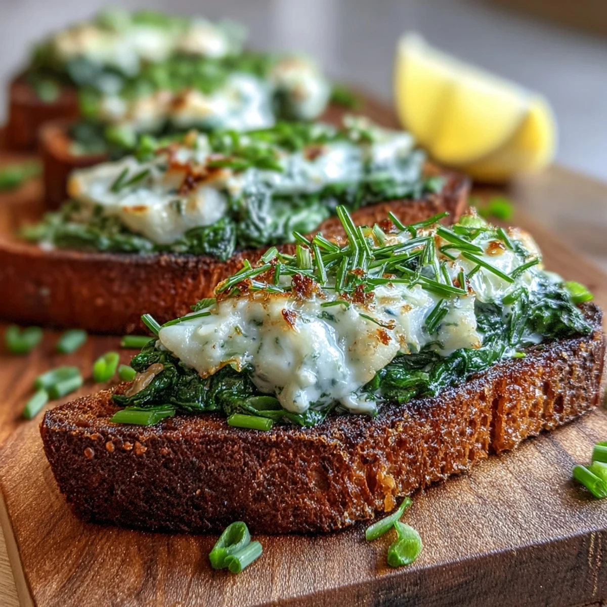 Savory smoked haddock and spinach rye toasts garnished with lemon wedges, perfect for a protein-rich morning meal.