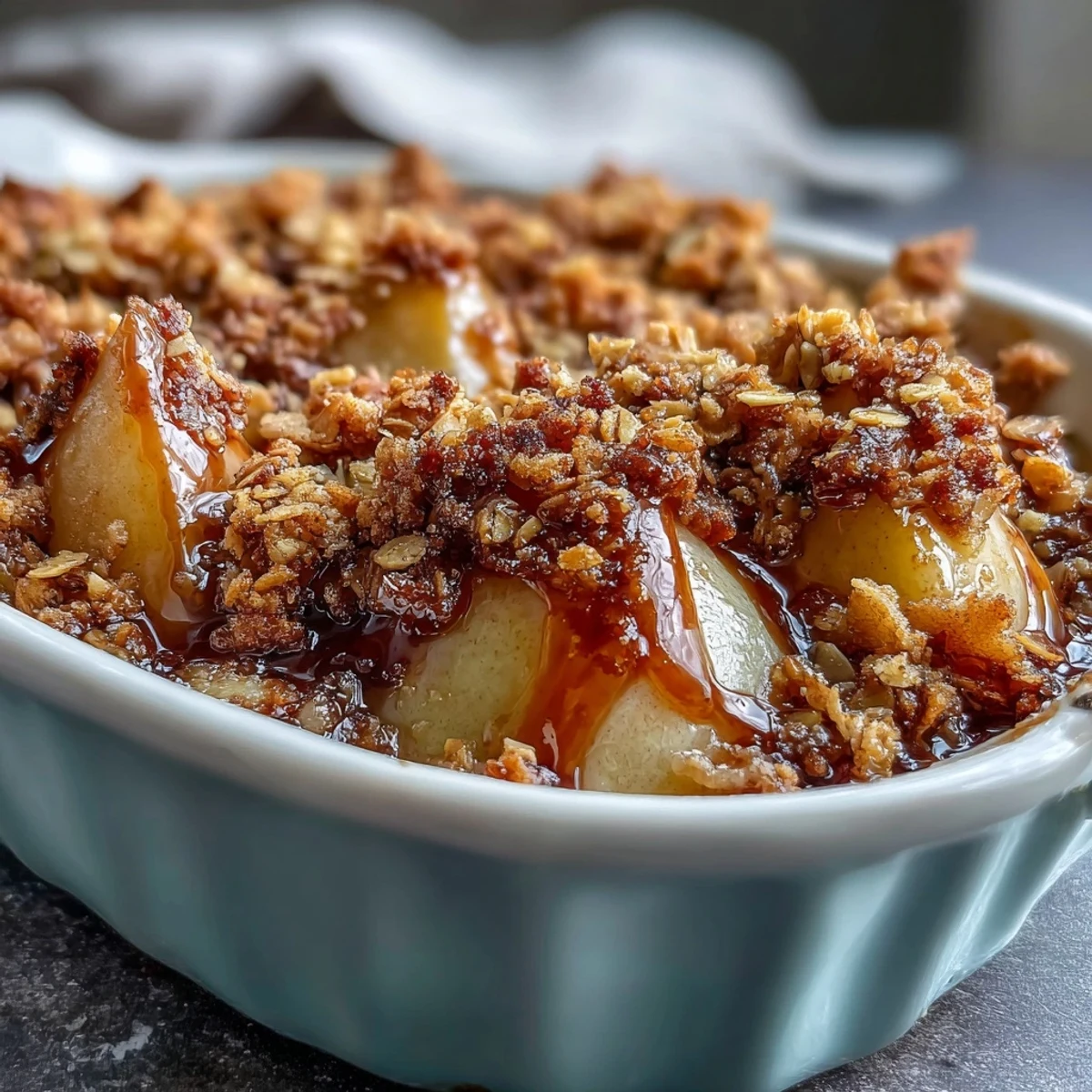 A close-up of warm pear crumble in a ceramic dish, highlighting tender, cinnamon-spiced pears beneath a thick, buttery crumble.