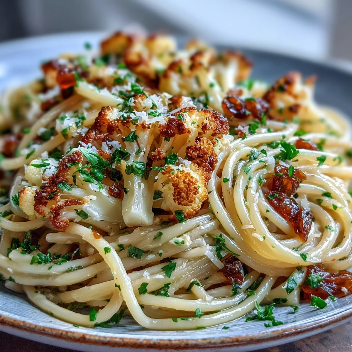 Golden roasted cauliflower florets and savory anchovy fillets tossed with plump raisins and whole wheat spaghetti in a skillet, garnished with fresh parsley.