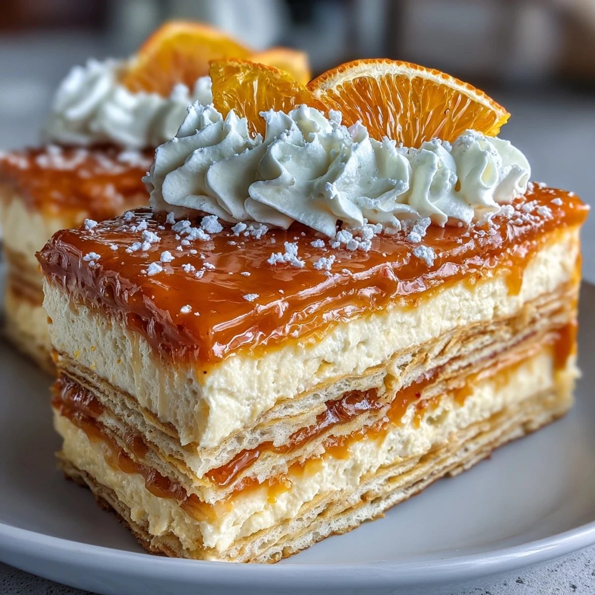 A slice of Blood Orange Curd Crêpe cake shows thin, golden crêpe layers with bright orange curd and fluffy white whipped cream.