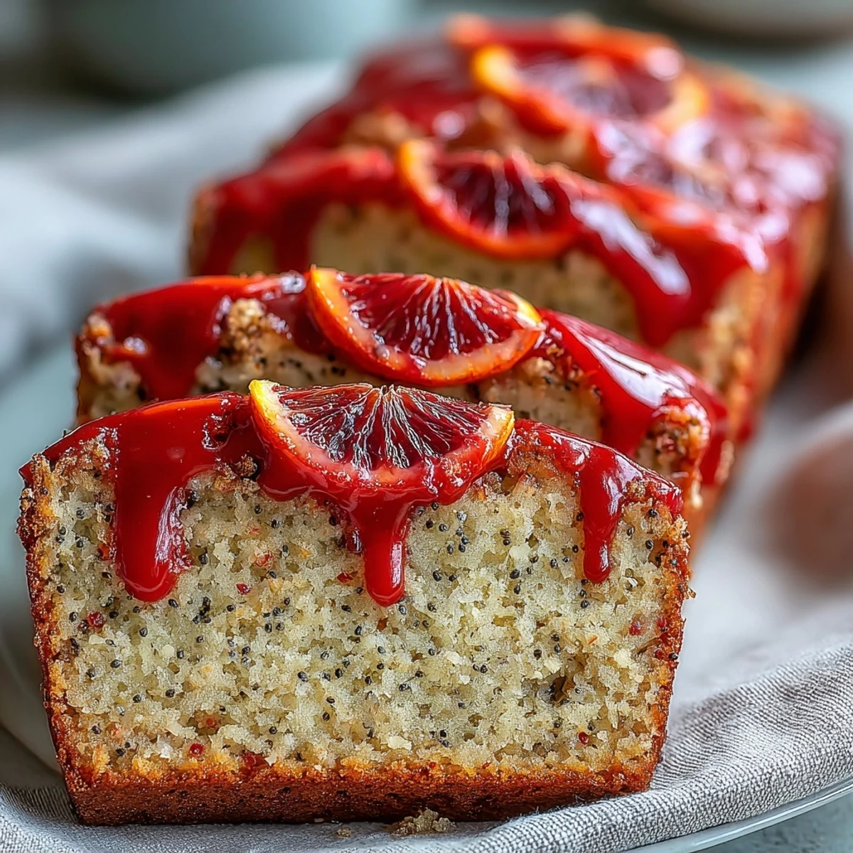 Whole Blood Orange Loaf Cake with Poppy Seeds and Marzipan, drizzled with bright glaze and garnished with fresh blood orange slices on a rustic wooden board.