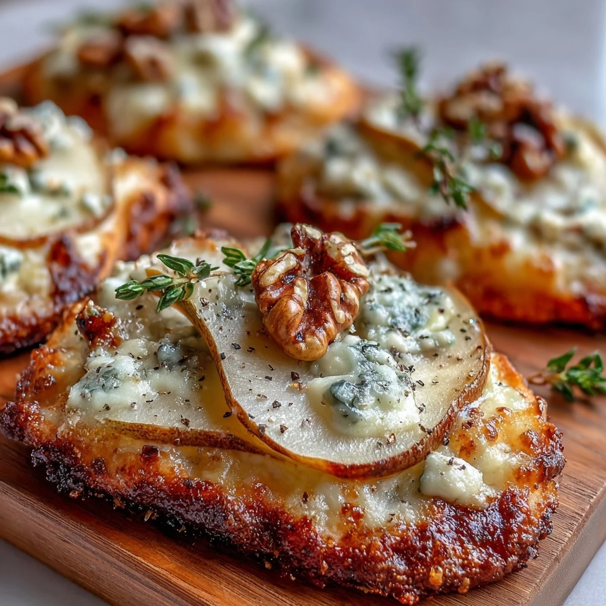 Golden-brown mini pizzas with sweet pear slices, creamy Gorgonzola crumbles, and tangy pickled walnuts on a crisp crust, drizzled with honey.
