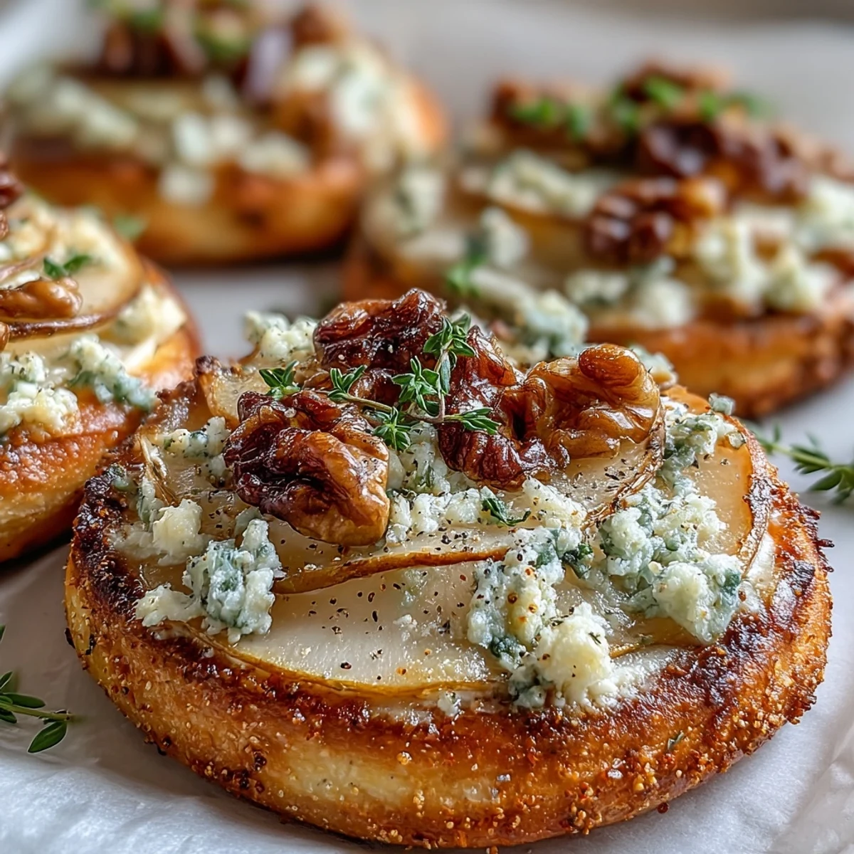 Freshly baked Pear, Gorgonzola, and Pickled Walnut pizzettes topped with peppery arugula, served warm on a rustic wooden board.
