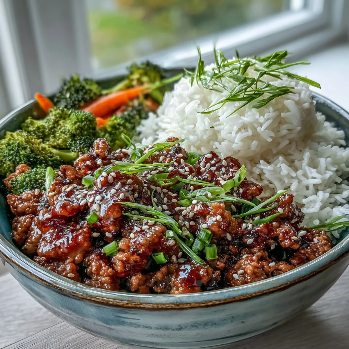 Sizzling Korean-Style Ground Turkey cooks in a skillet, coated in a glossy, spicy-sweet sauce with aromatic garlic and ginger.