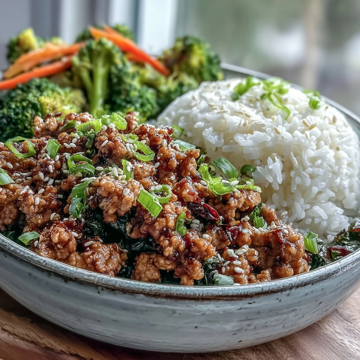 Korean-Style Ground Turkey simmered with ginger, garlic, and chili flakes, finished with sesame seeds, ready to be served over rice.