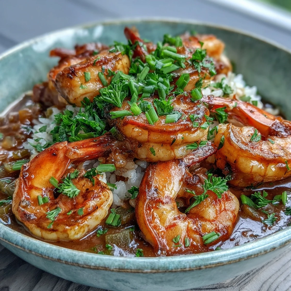 Hearty Classic New Orleans Étouffée served over fluffy white rice, garnished with fresh parsley and green onions on a rustic table.
