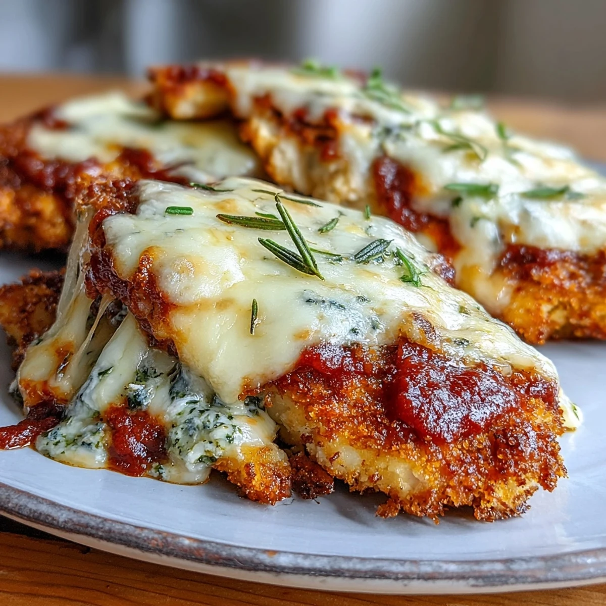 Golden brown breaded chicken breasts topped with melted mozzarella and marinara, garnished with fresh basil on a white plate.