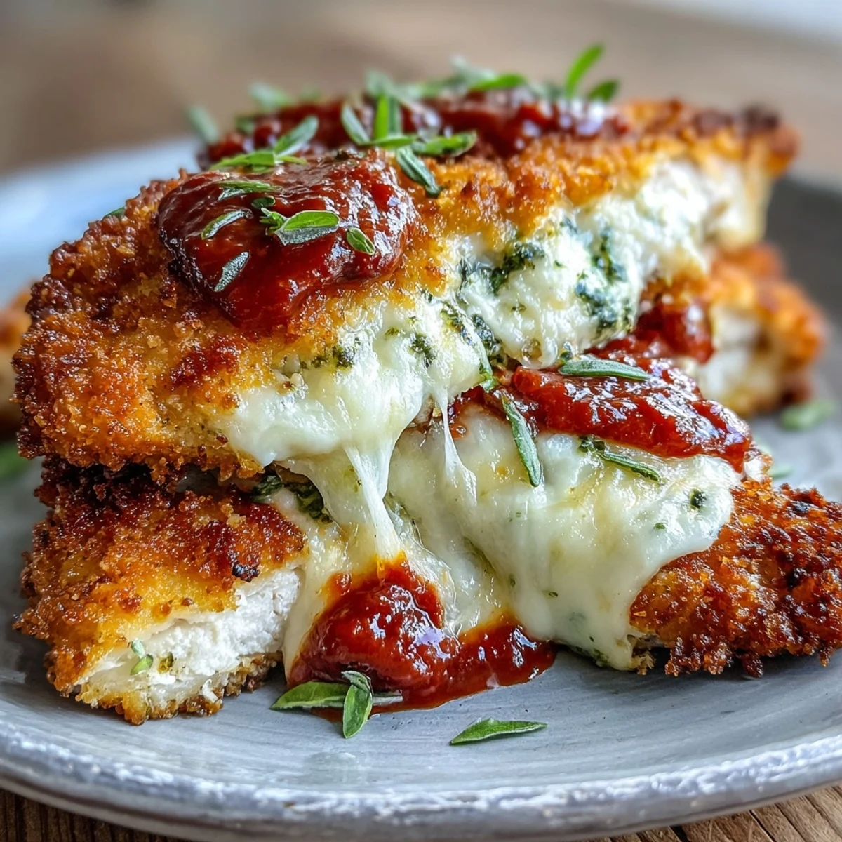 Fresh basil pesto spread under layers of marinara sauce and gooey cheese on this easy weeknight Pesto Chicken Parmesan dinner.