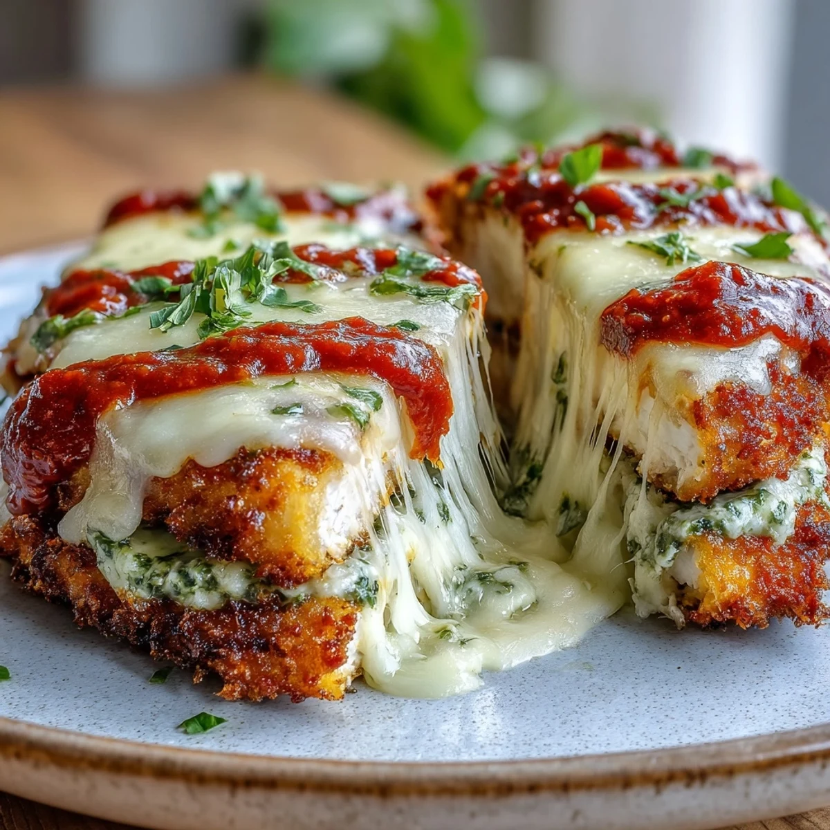 Sizzling skillet-fried chicken breasts just out of the oven, smothered with Pesto Chicken Parmesan toppings and ready to serve.