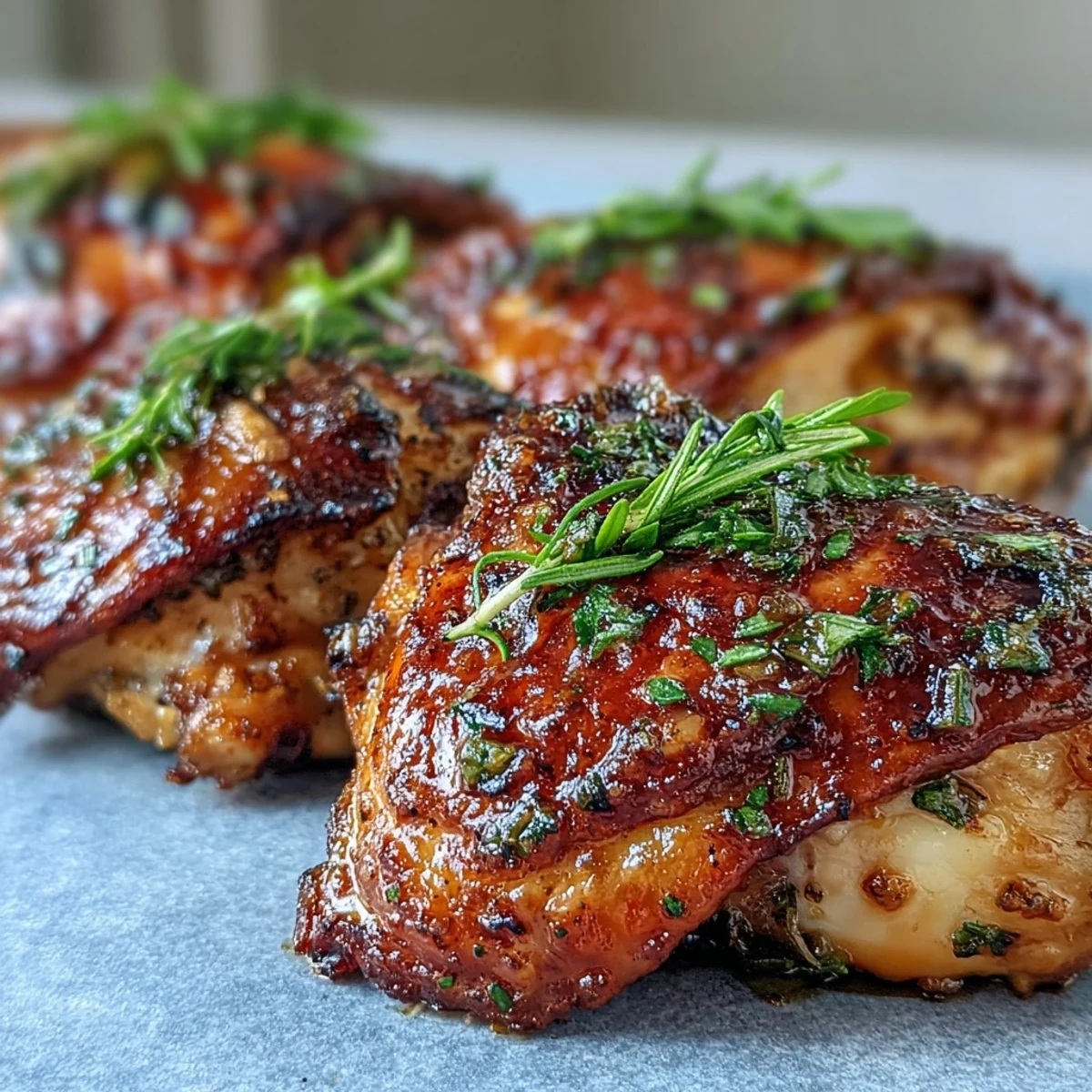 Golden brown Oven Baked Chicken Breast fresh from the oven, garnished with fresh parsley and lemon slices on a baking sheet.