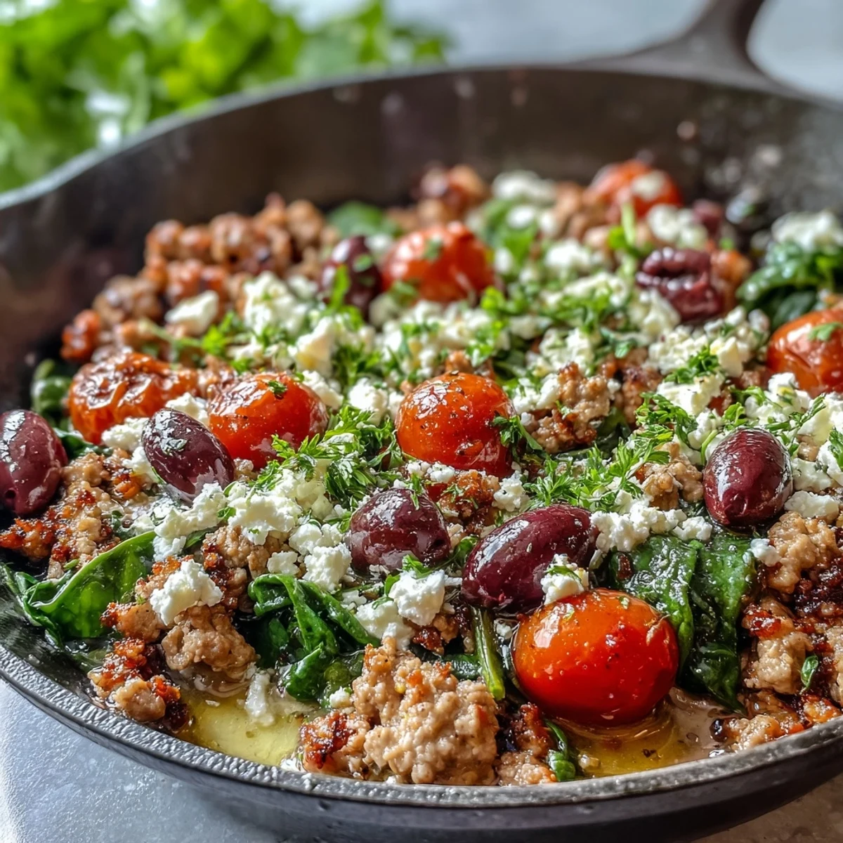 Fragrant Mediterranean Keto Ground Chicken Skillet with olives and feta, topped with fresh parsley, served warm and ready to enjoy.
