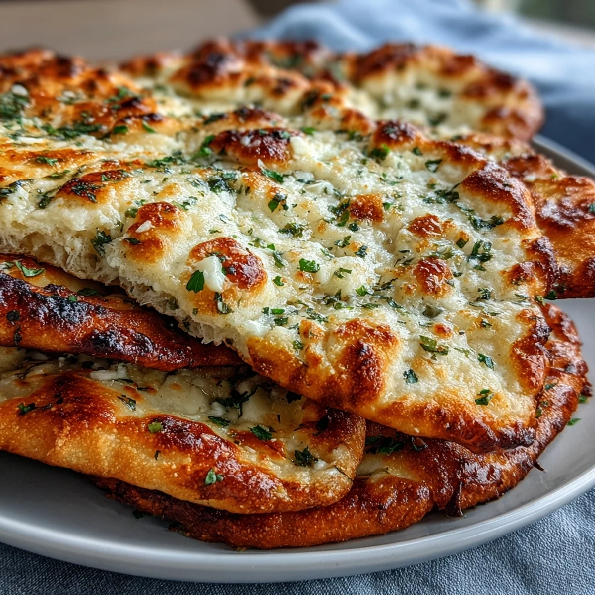 Freshly baked The Best Easy Garlic Naan Bread bubbling in a hot skillet, ready to be brushed with aromatic garlic butter.