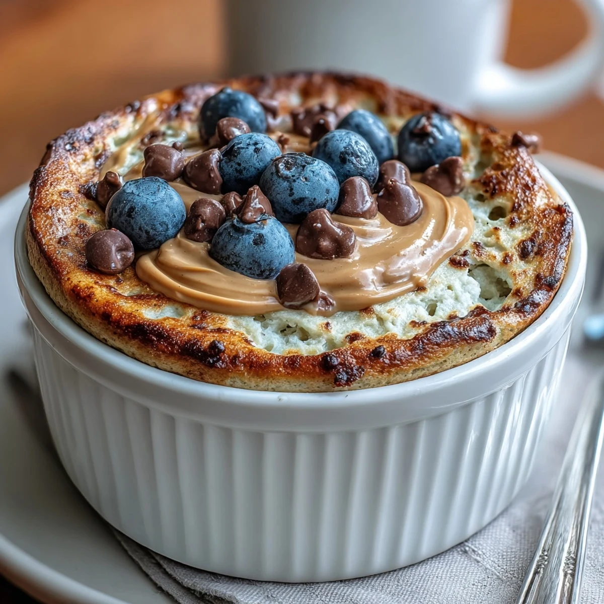 Golden-brown Baked Protein Pancake Bowl fresh from the oven, topped with peanut butter and berries, steaming warmly in a ceramic ramekin.