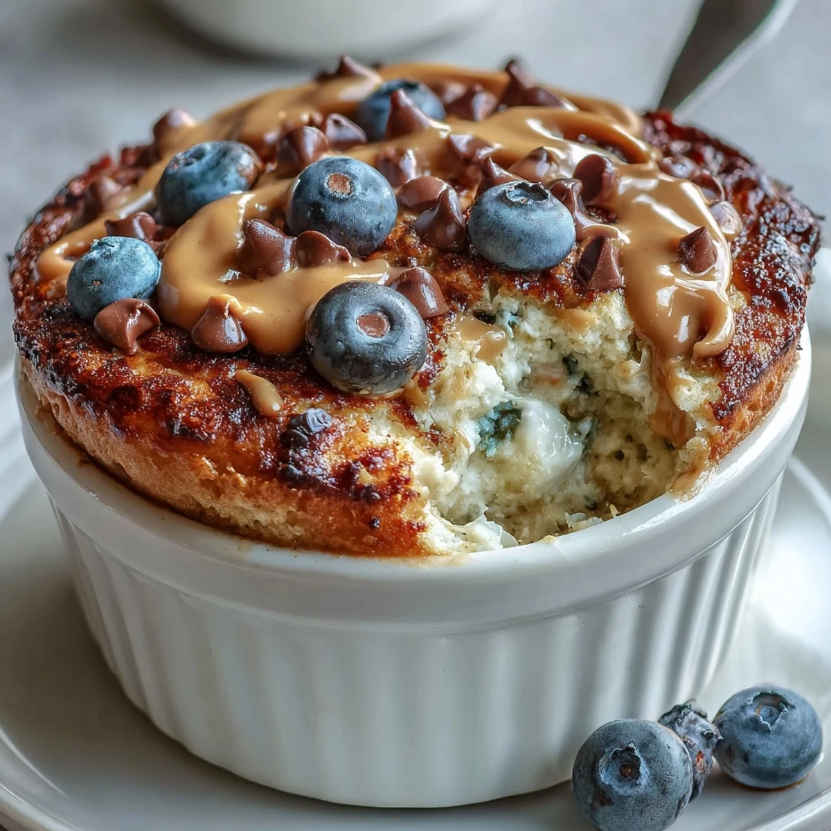 Perfectly fluffy Baked Protein Pancake Bowl served with maple syrup drizzle, featuring chocolate chips and sliced almonds for a nutritious breakfast.