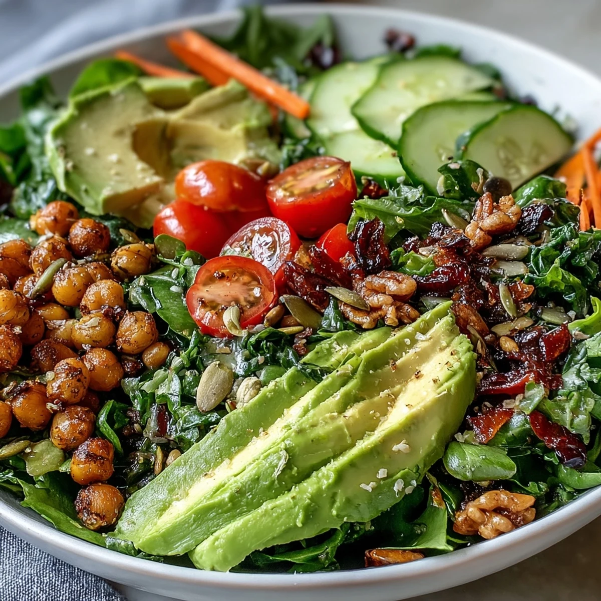Fresh Mixed Greens Power Bowl topped with cherry tomatoes, cucumber, and sliced avocado, drizzled with lemon vinaigrette.