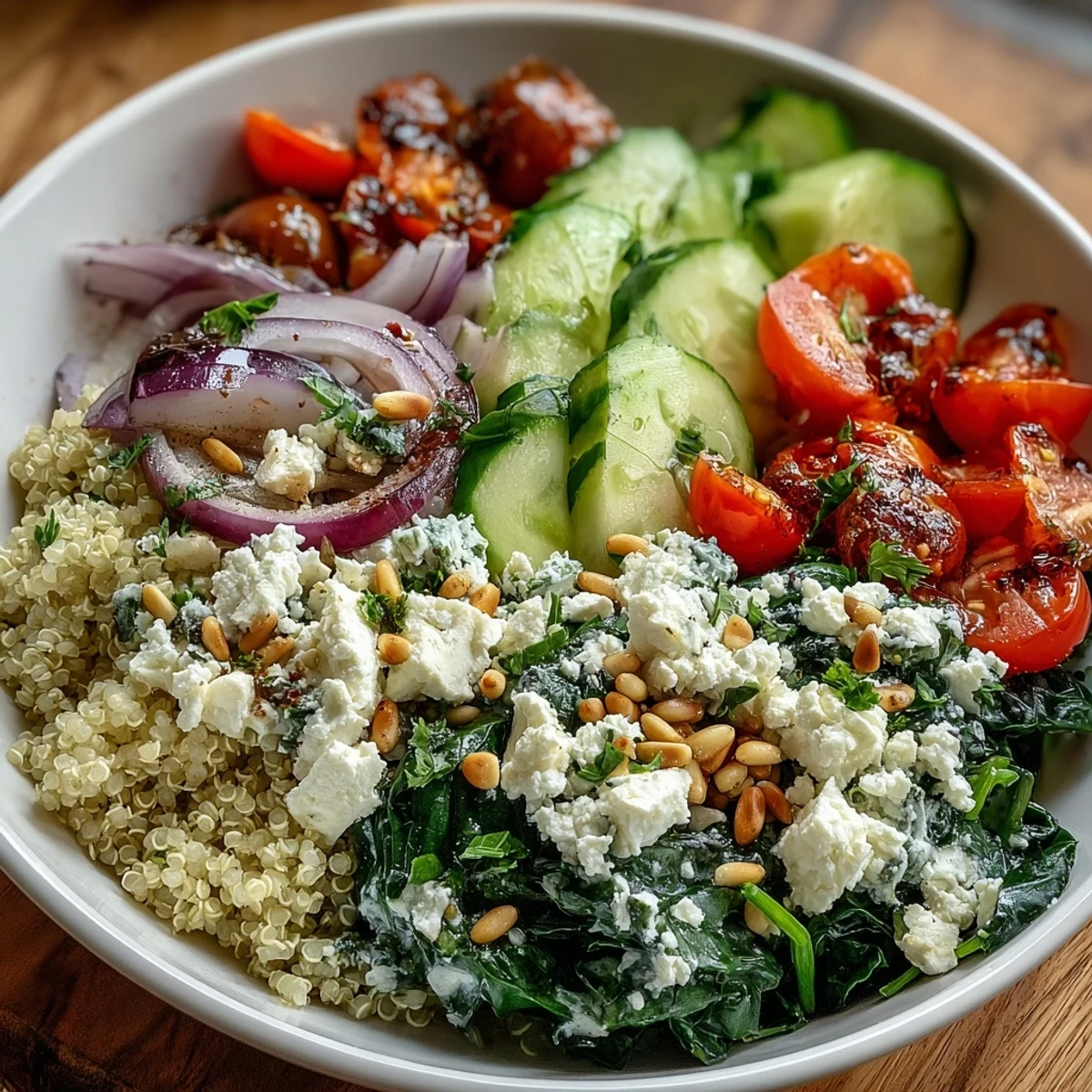 Freshly sautéed spinach and creamy feta cheese top a colorful medley of quinoa, tomatoes, cucumbers, and bell peppers in this healthy Spinach and Feta Grain Bowl.