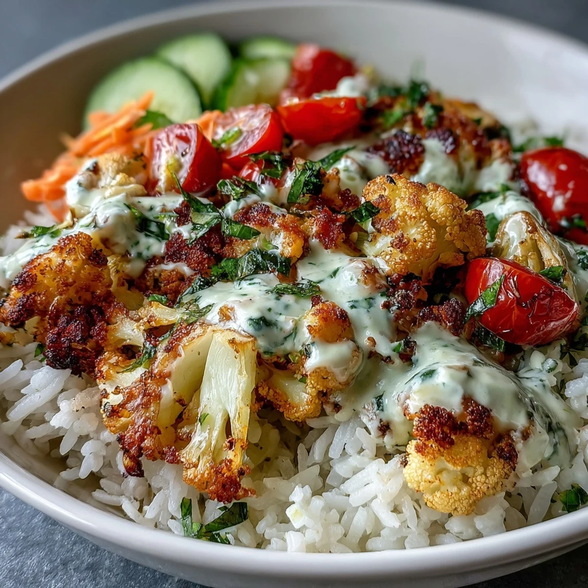 Golden herb-roasted cauliflower florets rest on fluffy basmati rice with spinach, cucumbers, and a creamy tahini drizzle in this Roasted Cauliflower Bowl.