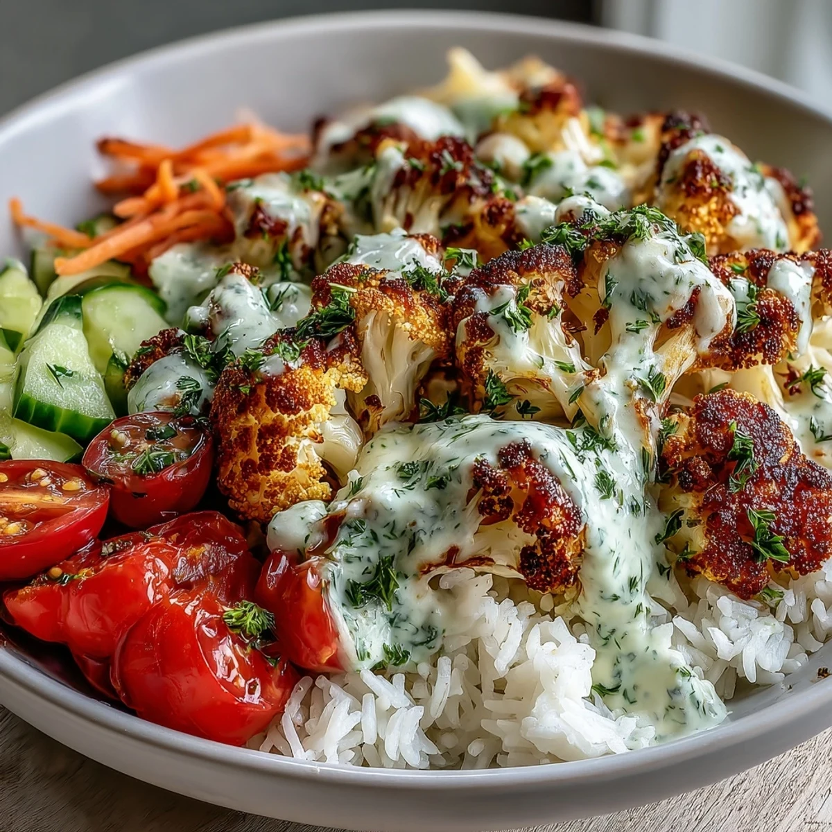 A close-up view of the vegetarian Roasted Cauliflower Bowl, featuring juicy cherry tomatoes and shredded carrots over rice, with zesty tahini sauce.