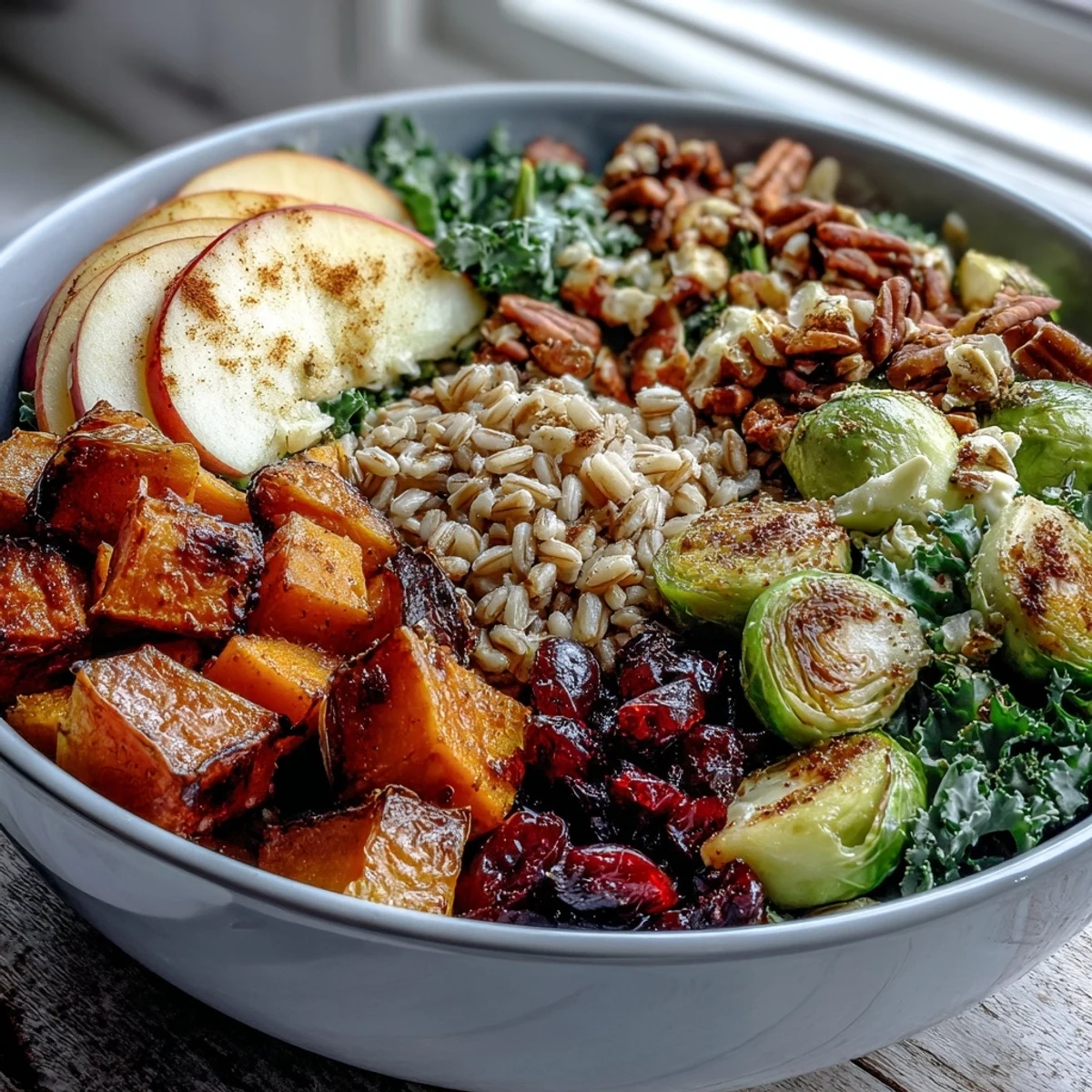 Hearty Fall Vegetable Bowl with warm grains, roasted vegetables, and sweet apple slices served in a rustic bowl.