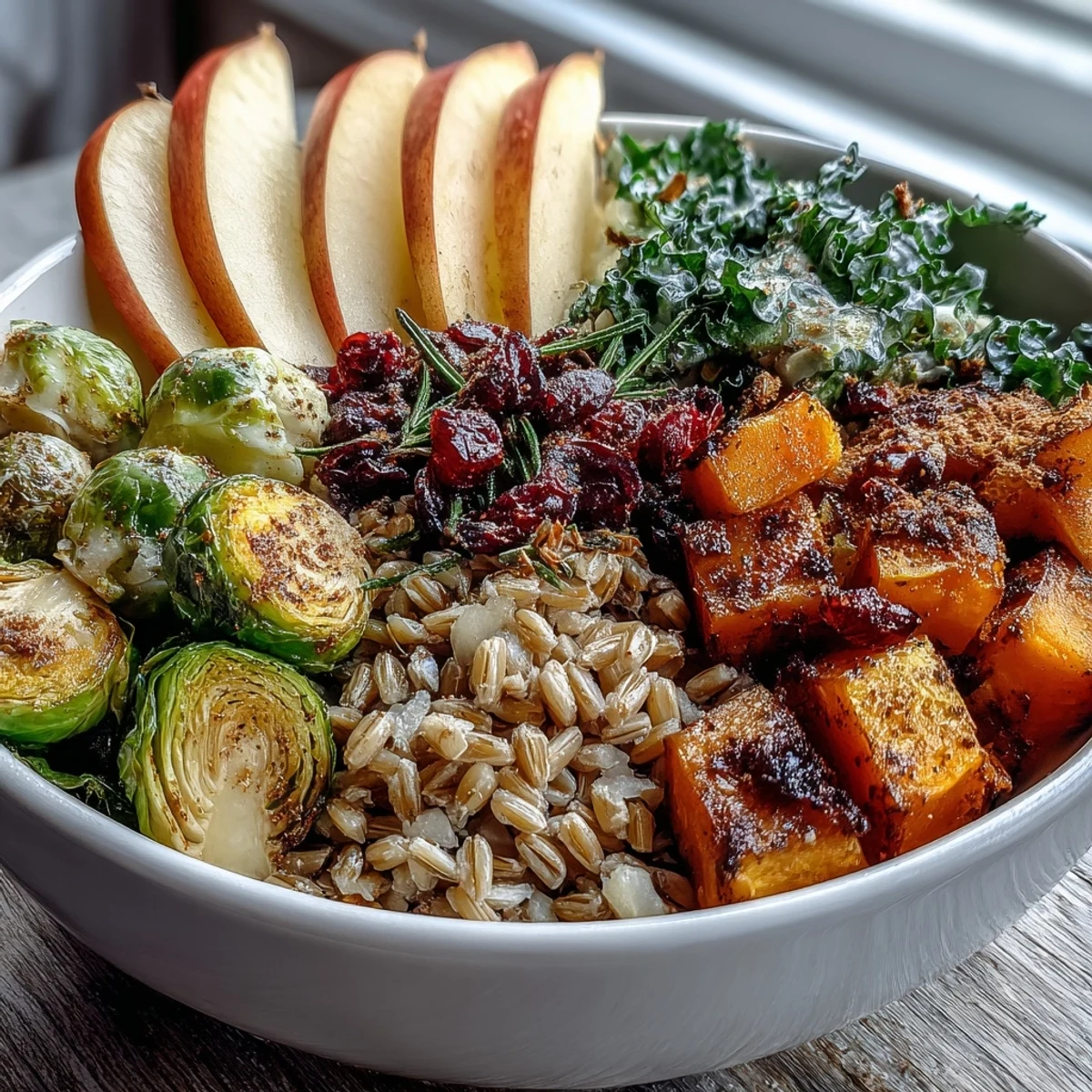 Healthy Fall Vegetable Bowl garnished with pumpkin seeds and cranberries, showcasing golden roasted squash and Brussels sprouts.