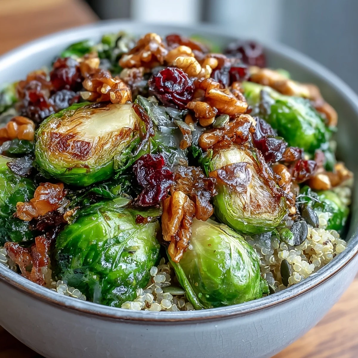 A vibrant Roasted Brussels Sprouts Bowl topped with toasted walnuts, dried cranberries, and pumpkin seeds on fluffy quinoa, ready to enjoy.