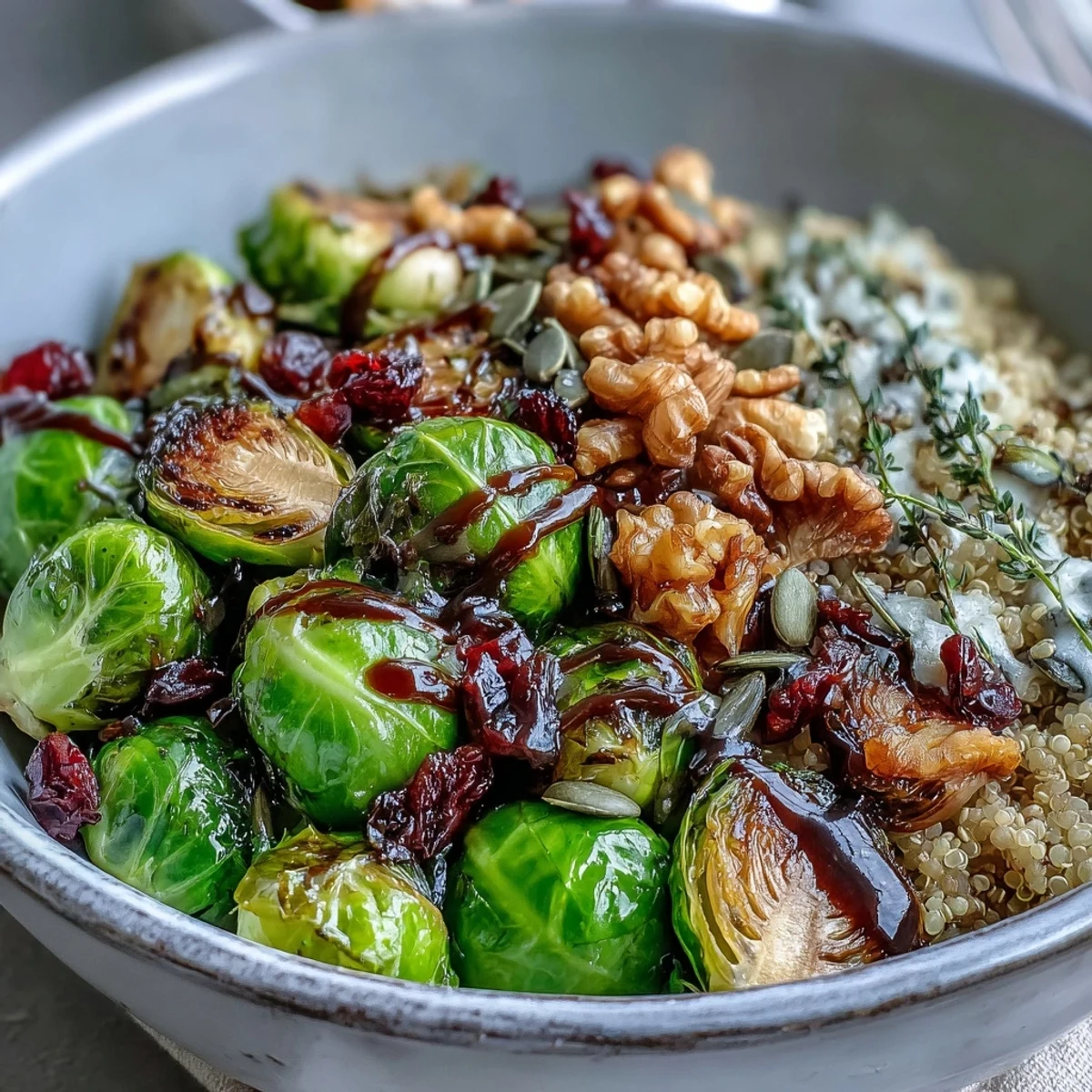 Golden caramelized Brussels sprouts with toasted pecans and cranberries in a wholesome vegan bowl, perfect for a healthy lunch or dinner.