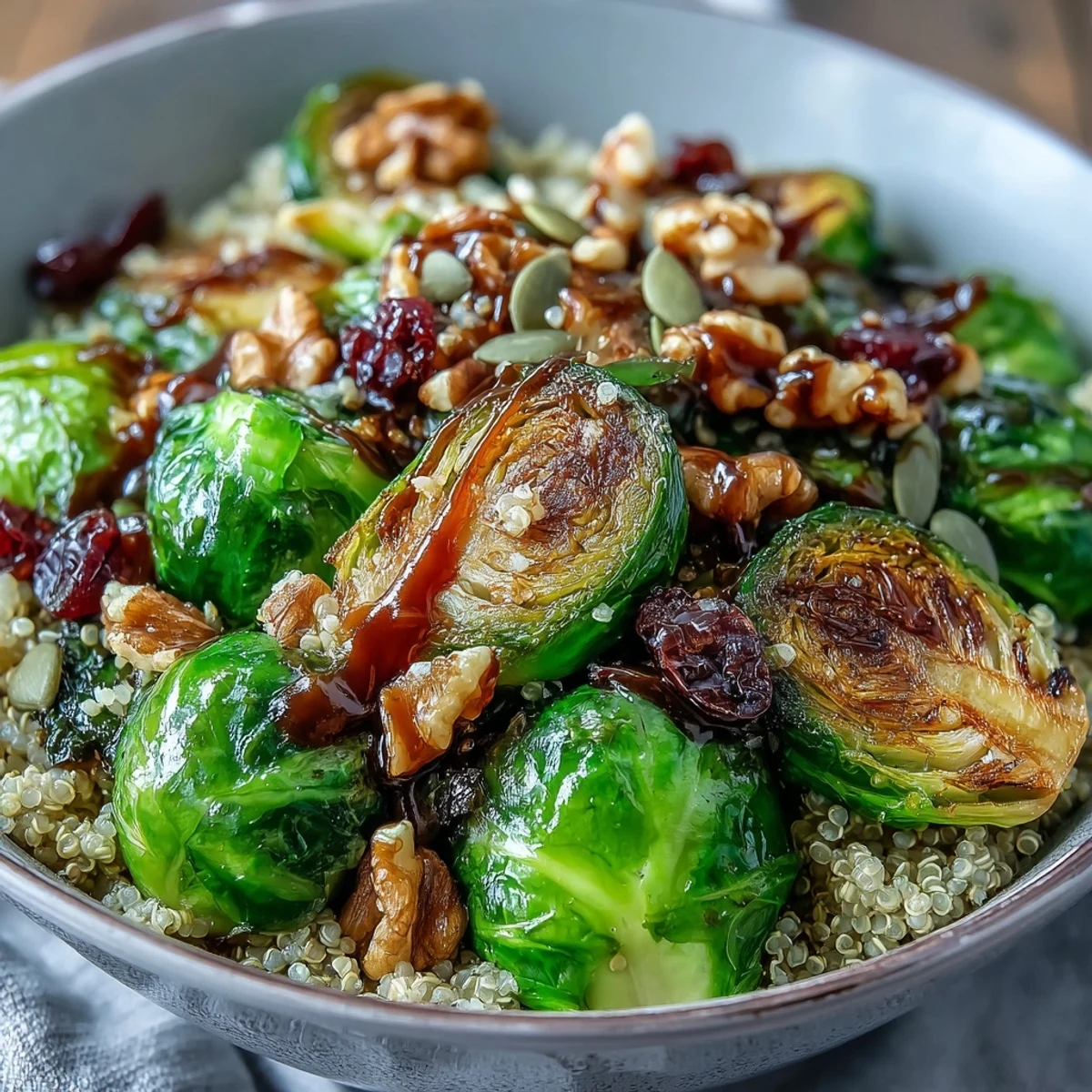 Hearty roasted Brussels sprouts and red onions served over warm brown rice and drizzled with tangy balsamic glaze in a ceramic bowl.