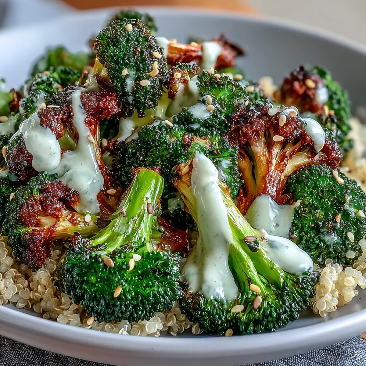 Golden roasted broccoli and red onion over grains in a roasted broccoli bowl, drizzled with creamy tahini sauce.