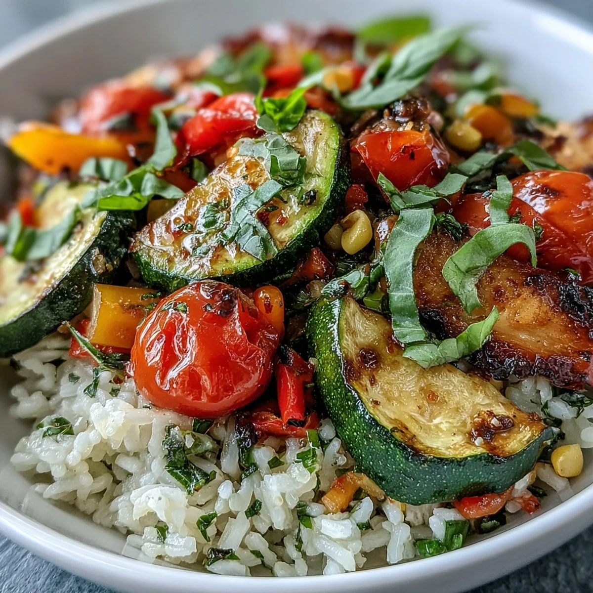 Colorful Summer Vegetable Bowl served hot, filled with juicy tomatoes and tender zucchini alongside sweet corn and bell peppers.