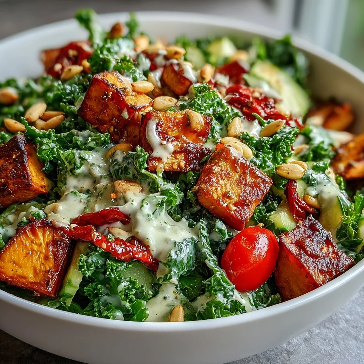 A vibrant Kale Salad Bowl tossed with roasted vegetables and tahini dressing.